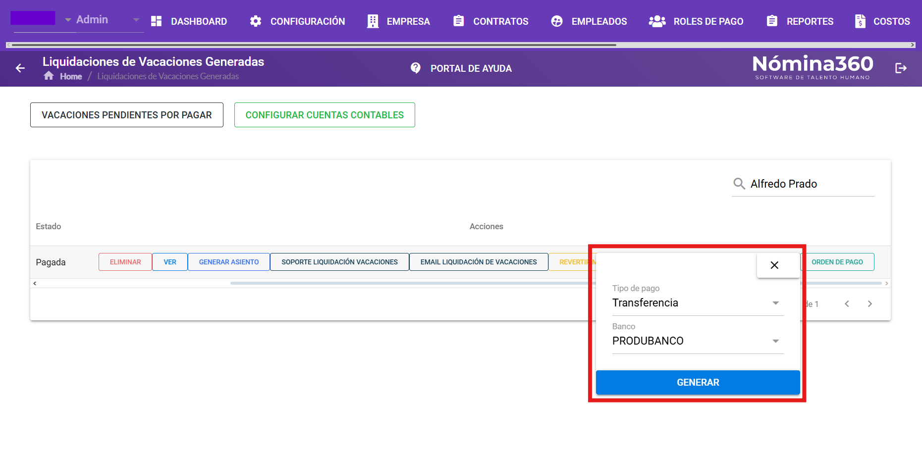 Vista previa de la orden de pago generada
