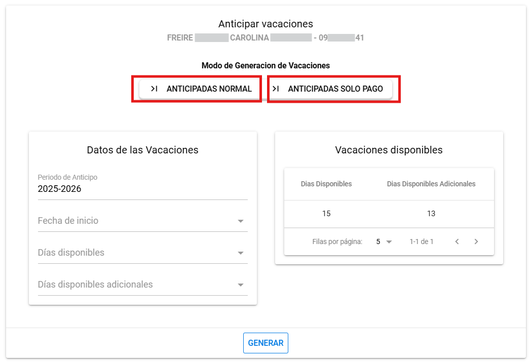 Opciones de anticipo de vacaciones disponibles en Nómina360