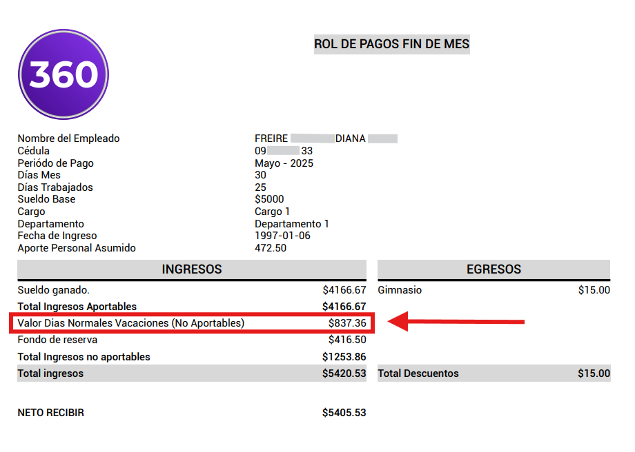 Reporte individual con el pago de vacaciones reflejado