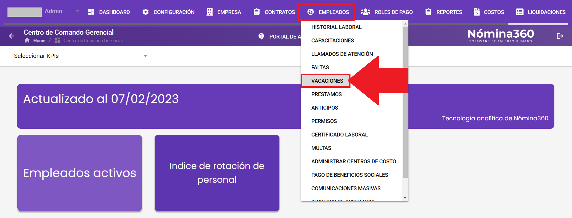 Menú Empleados con la opción Vacaciones