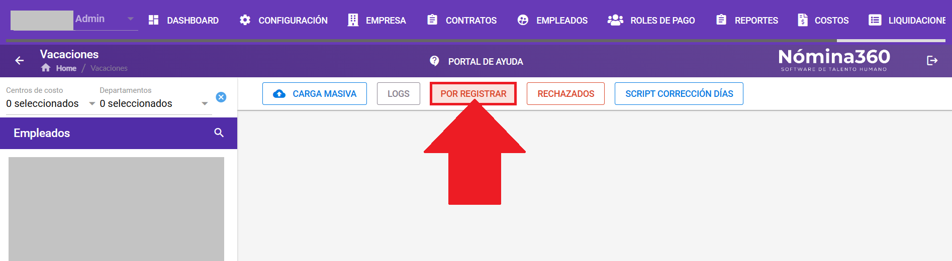 Botón Por Registrar en la pantalla de vacaciones