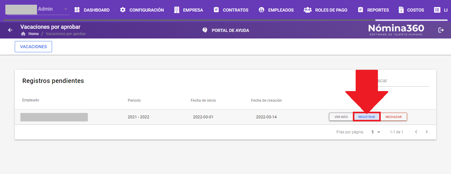 Botón Registrar junto a una solicitud de vacaciones pendiente