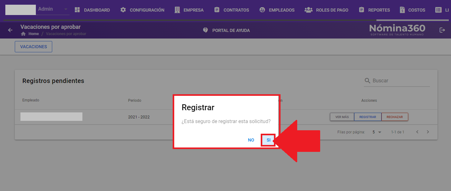 Cuadro de confirmación del registro de la solicitud