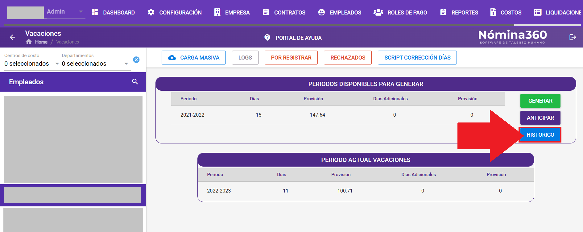 Botón Histórico en la ficha del empleado