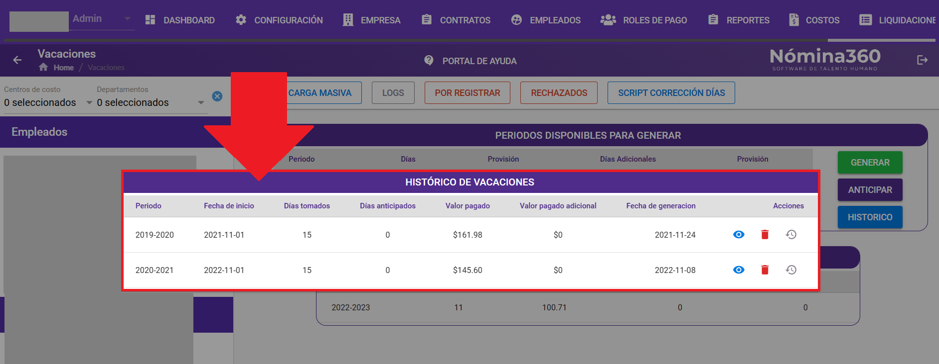 Listado del histórico con las solicitudes de vacaciones aprobadas