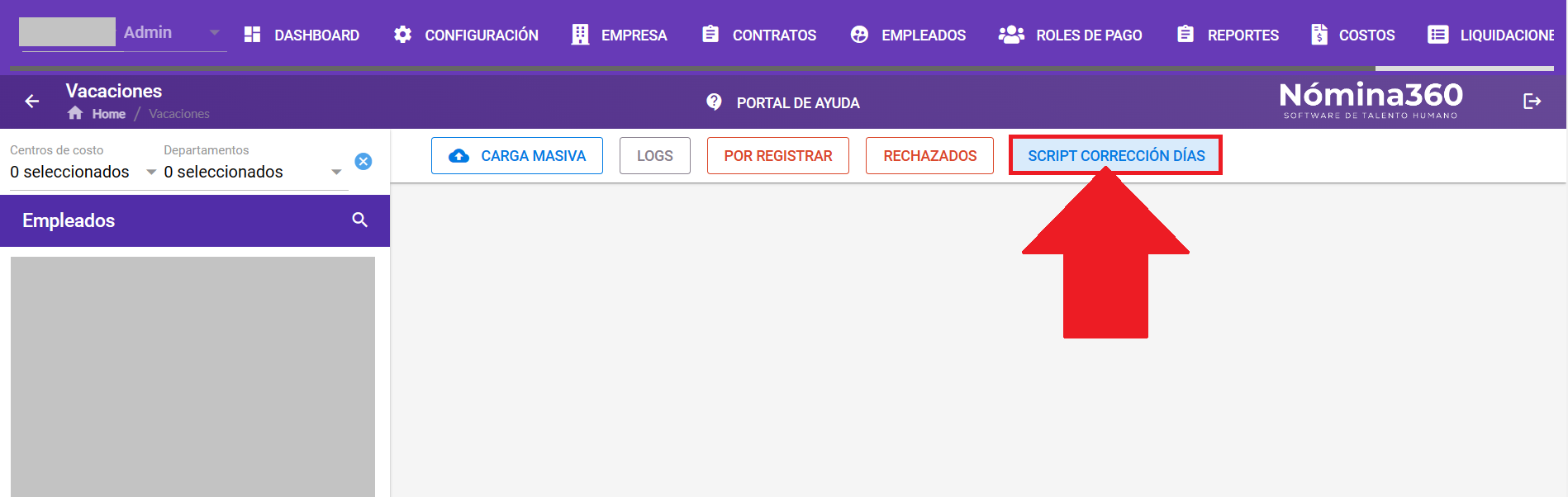 Botón Script corrección de días en la pantalla de vacaciones