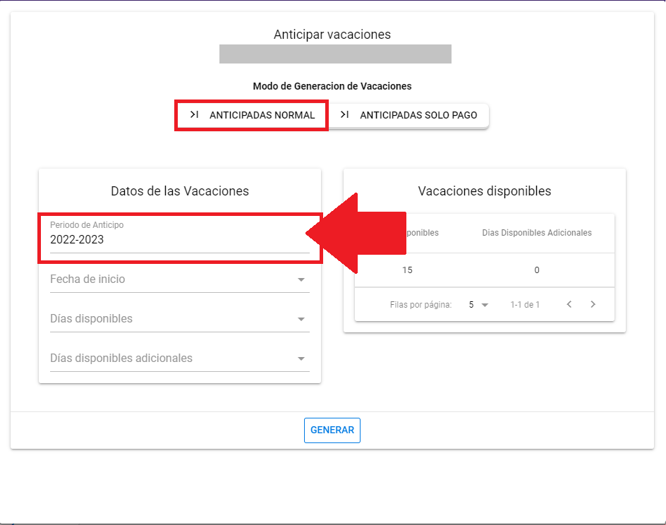 Campo Período de Anticipo predeterminado en la pantalla de anticipar vacaciones normales