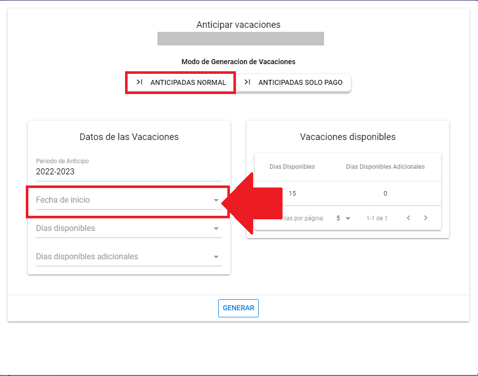Selector de Fecha de inicio del goce de vacaciones anticipadas