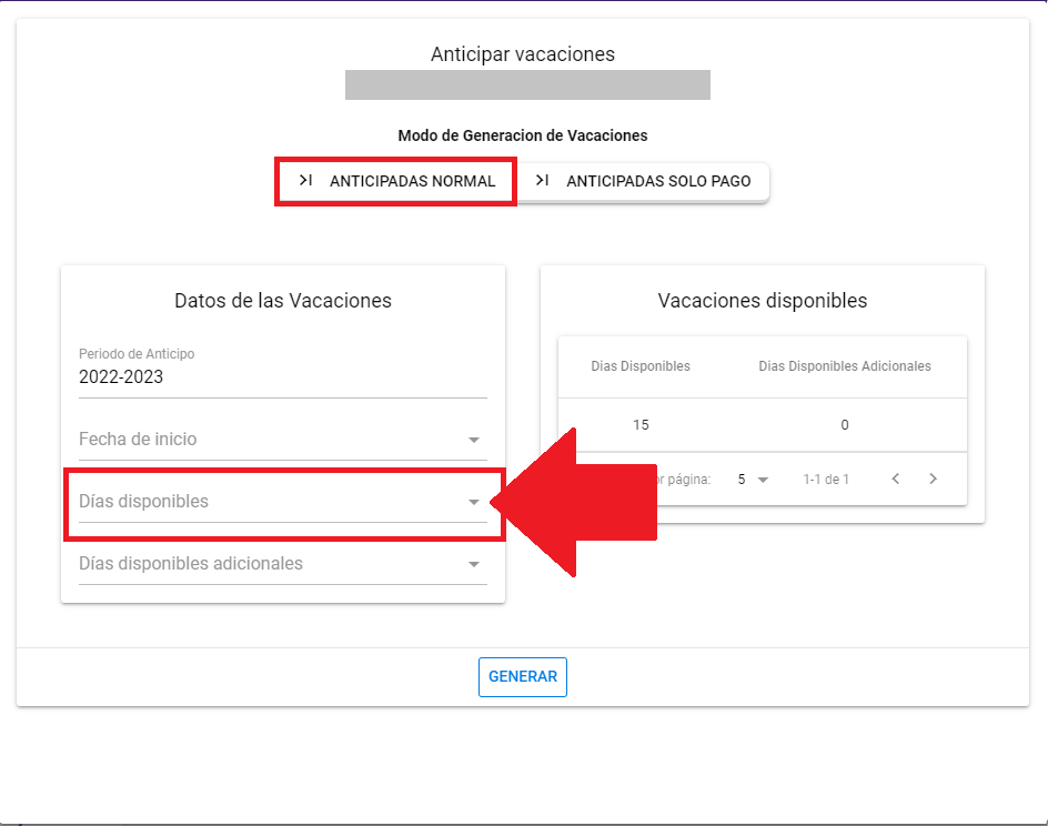 Selección de Días disponibles para anticipar vacaciones