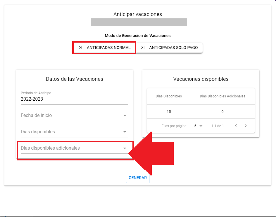 Selección de Días disponibles adicionales para anticipar vacaciones