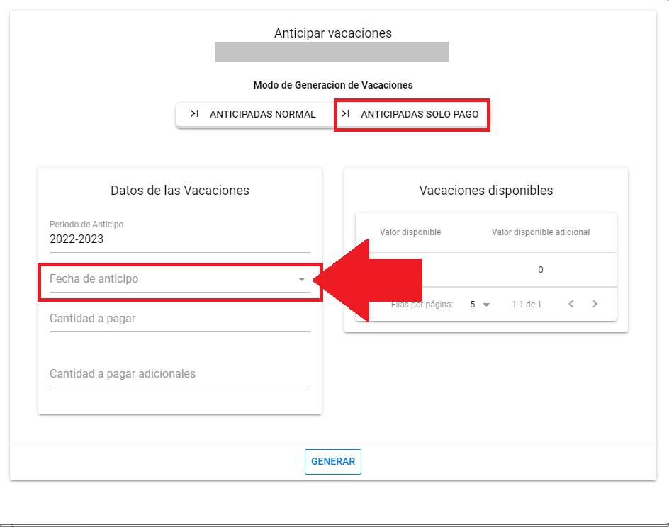 Selector de Fecha de inicio del pago anticipado