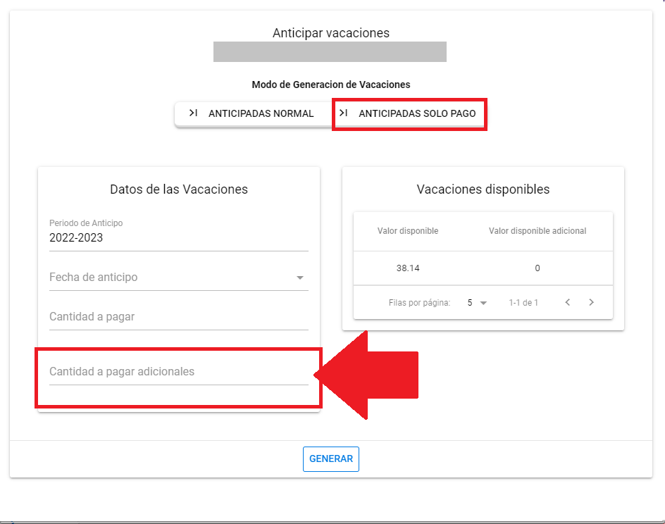 Campo Cantidad a pagar adicionales de la provisión adicional