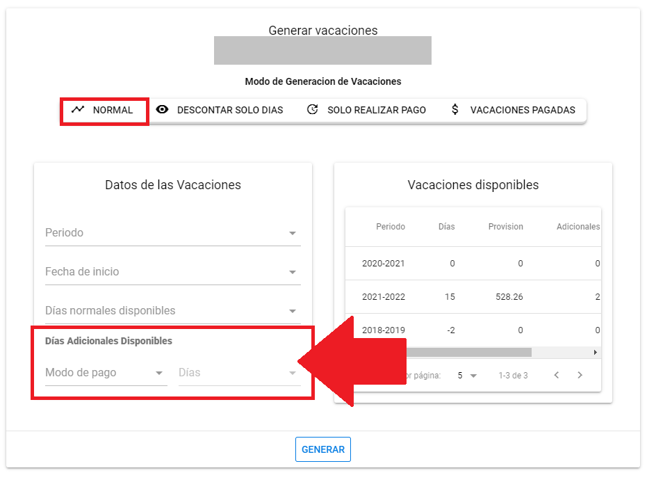Selector con los modos de pago de días adicionales: Normal, Pagados y Descontados, Descontar Días, Descontar Pago