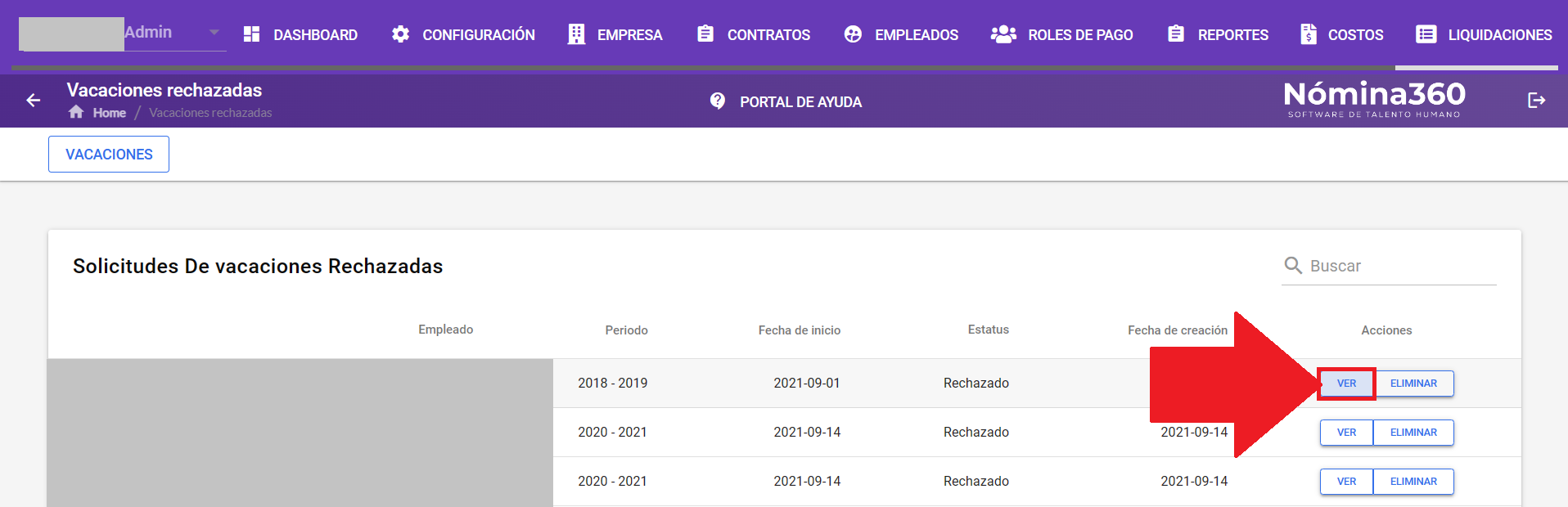 Botón Ver junto a una solicitud rechazada
