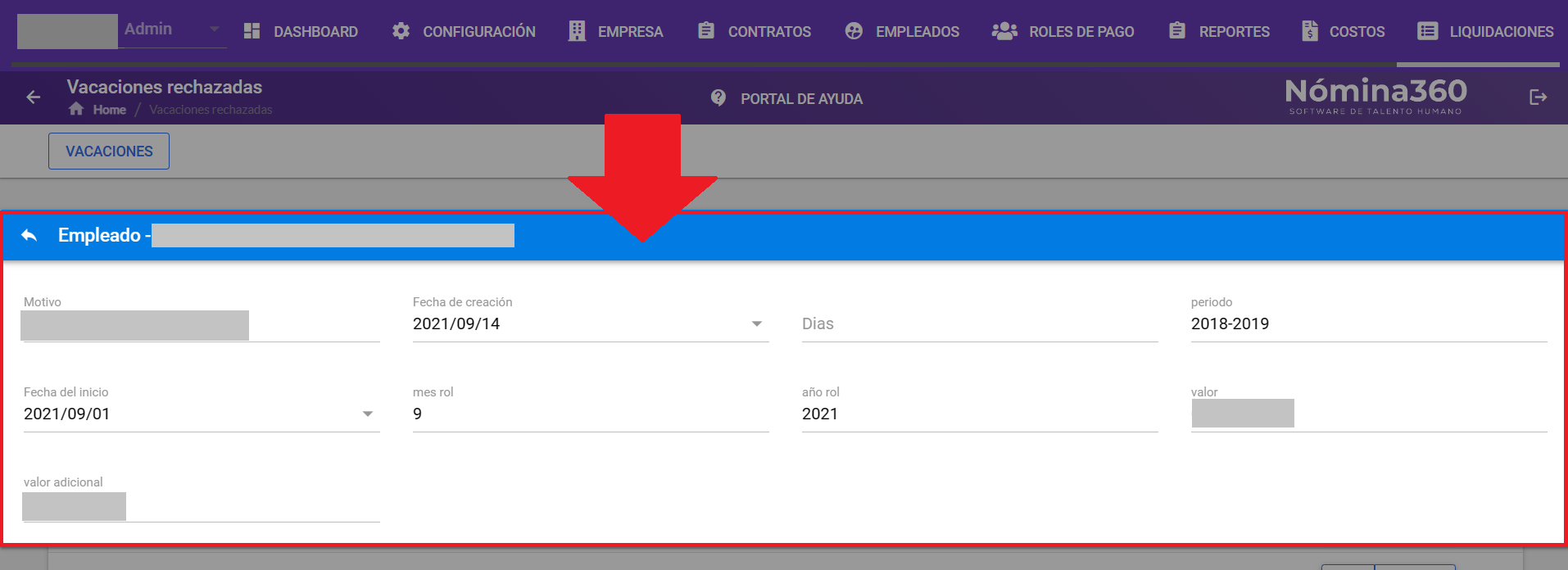 Ventana con el detalle de la solicitud rechazada