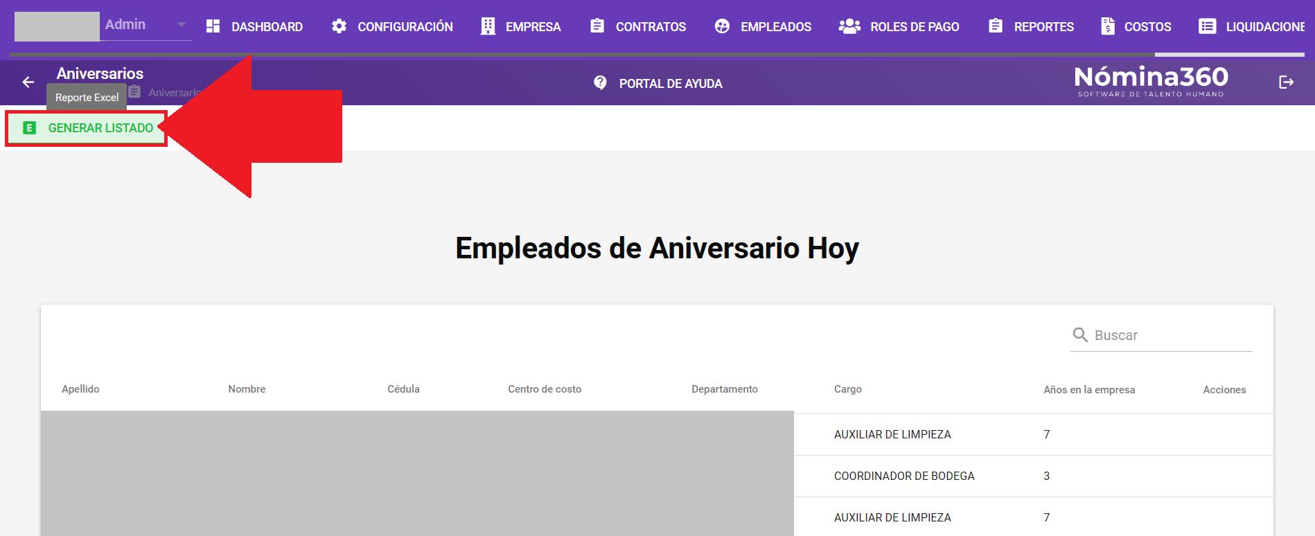Botón Generar Listado en la pantalla de aniversarios