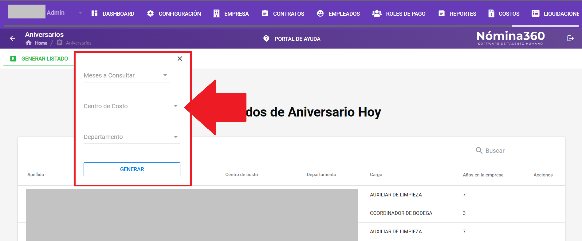Formulario de filtros para generar el listado de aniversarios