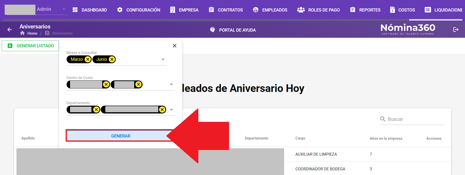 Botón Generar al final del formulario de aniversarios