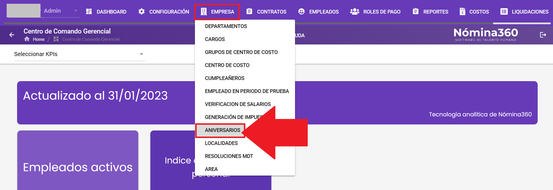 Menú Empresa con la opción Aniversarios seleccionada
