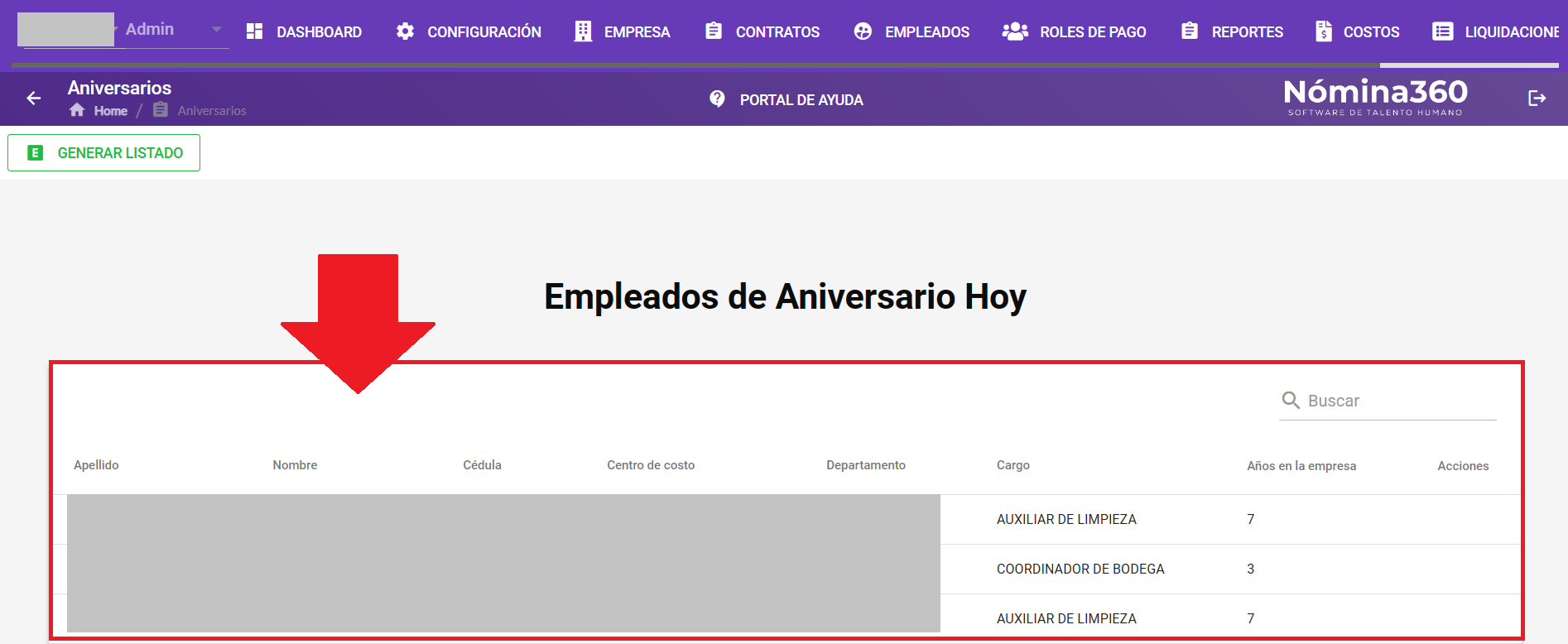 Listado de empleados que cumplen aniversario laboral