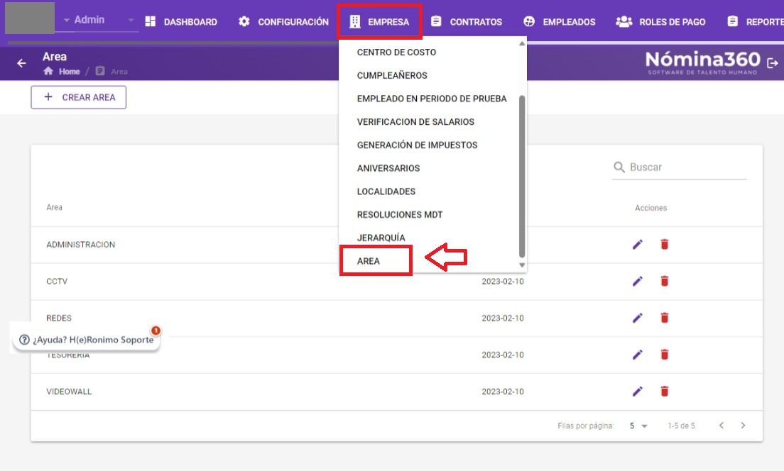 Menú Empresa con la opción Área seleccionada