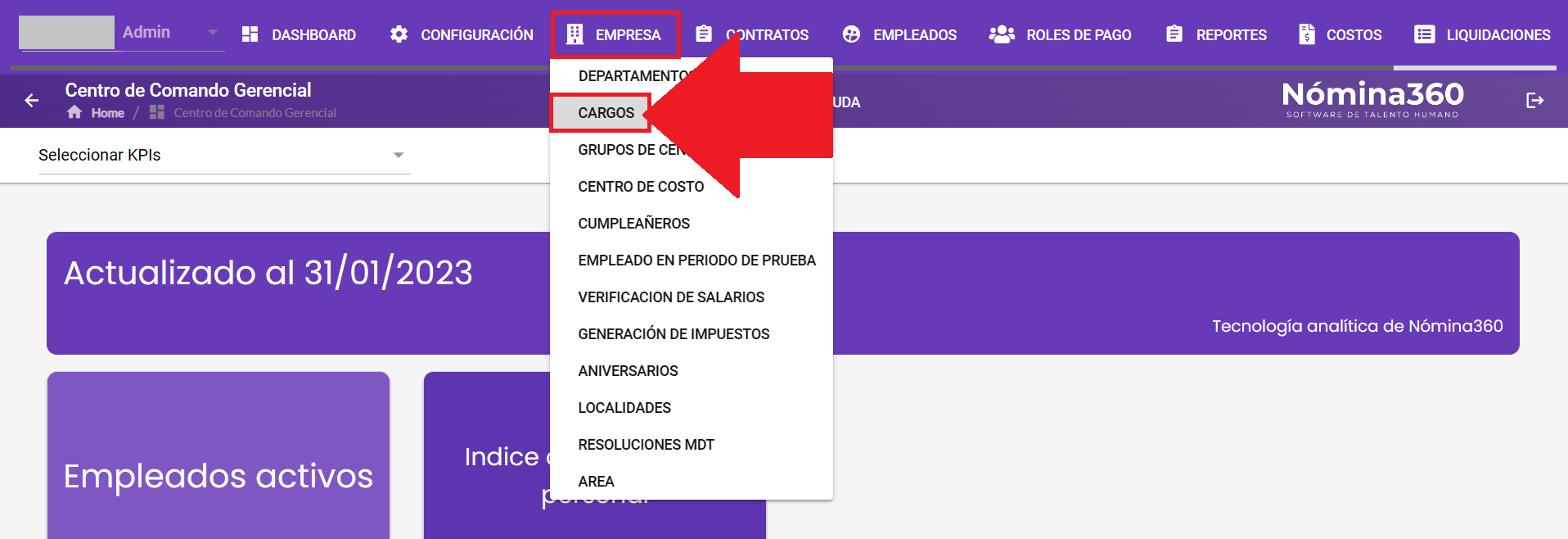 Menú Empresa con la opción Cargos seleccionada