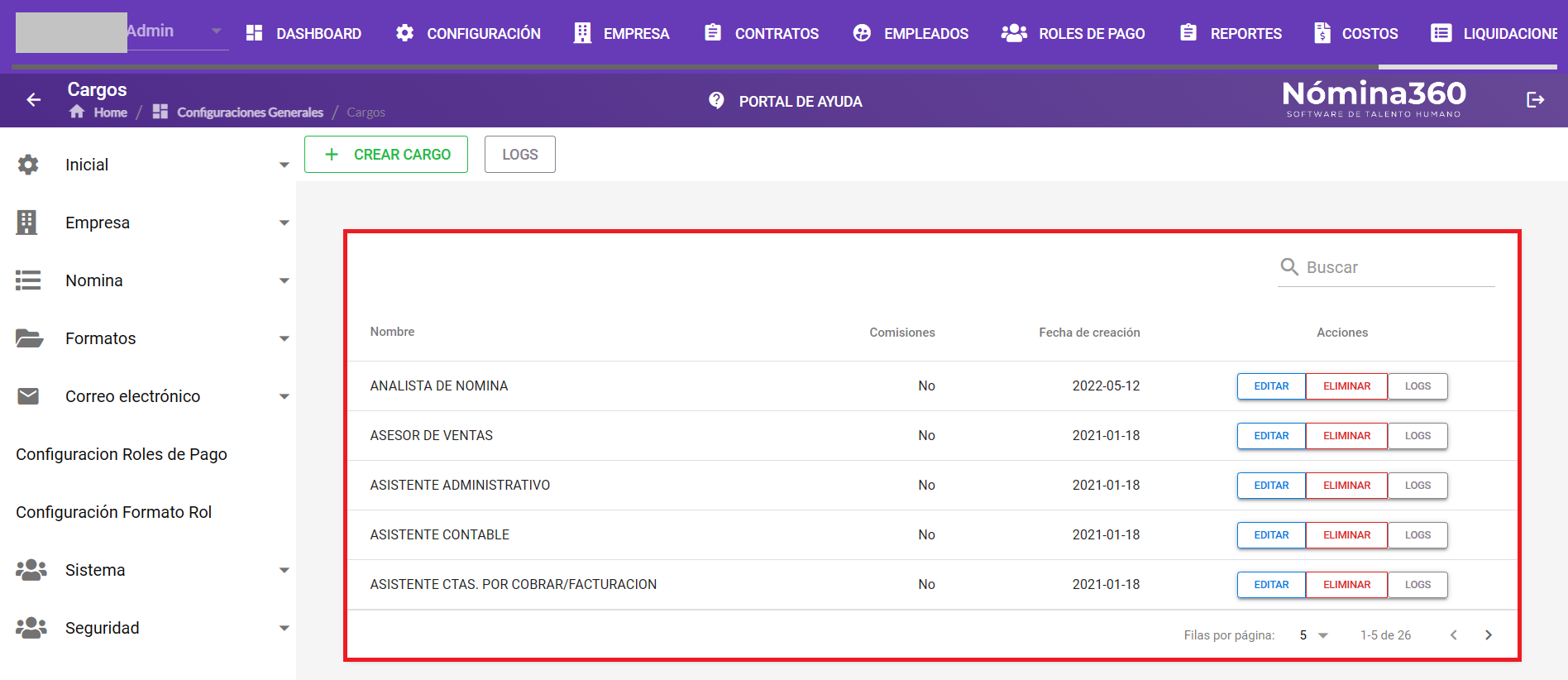 Listado de cargos con la fila del cargo a editar