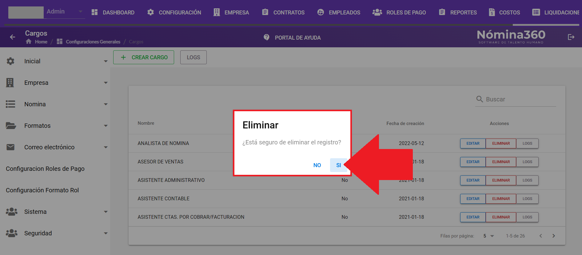 Cuadro de confirmación con las opciones SI y NO para eliminar el cargo