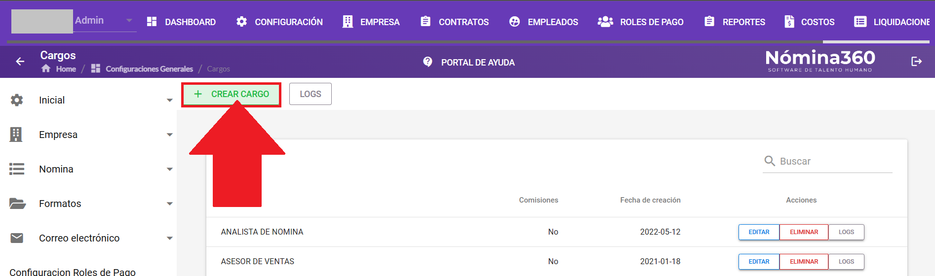 Botón Crear Cargo en la pantalla de cargos