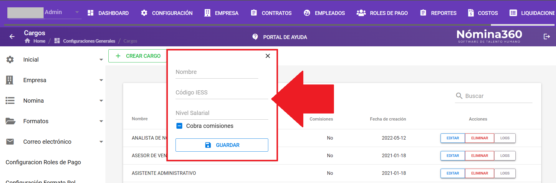Formulario de creación de cargo con los campos disponibles