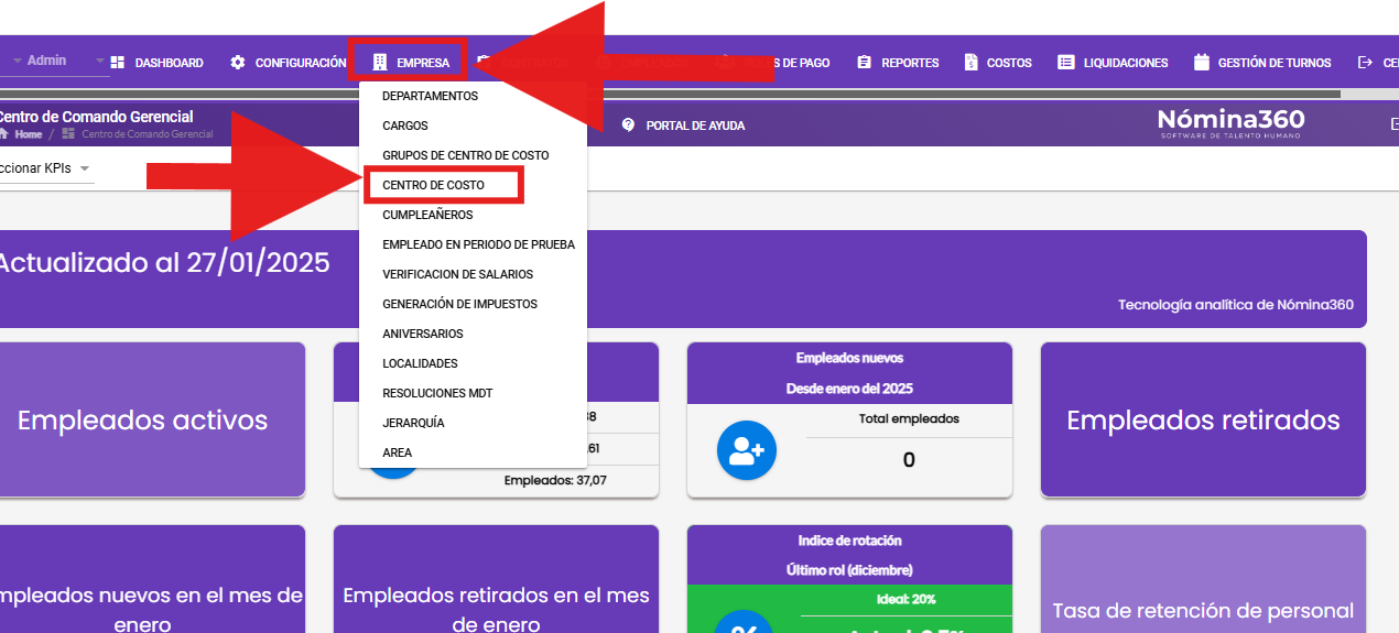 Menú Empresa con la opción Centro de Costo seleccionada