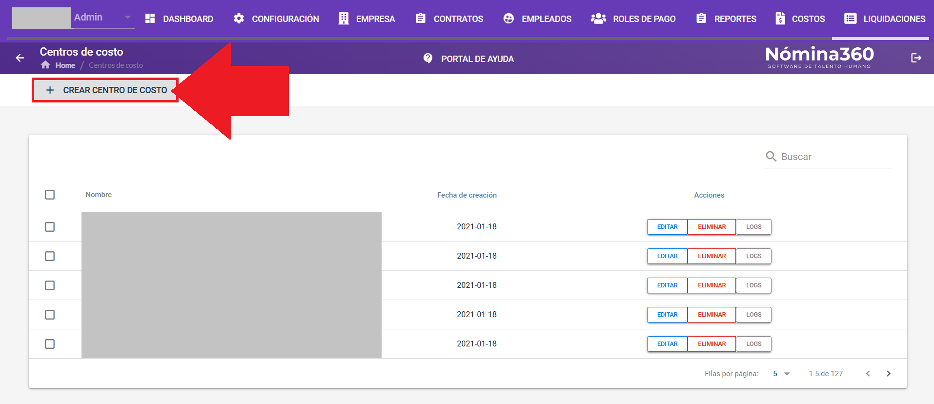 Botón Crear Centro de Costo en la pantalla de centros de costo