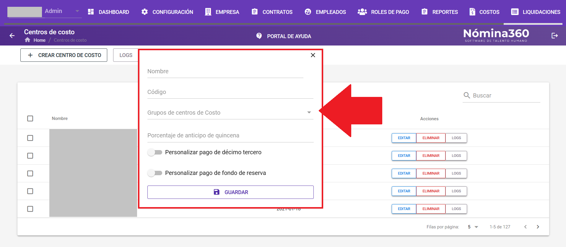 Formulario de creación de centro de costo con los campos disponibles
