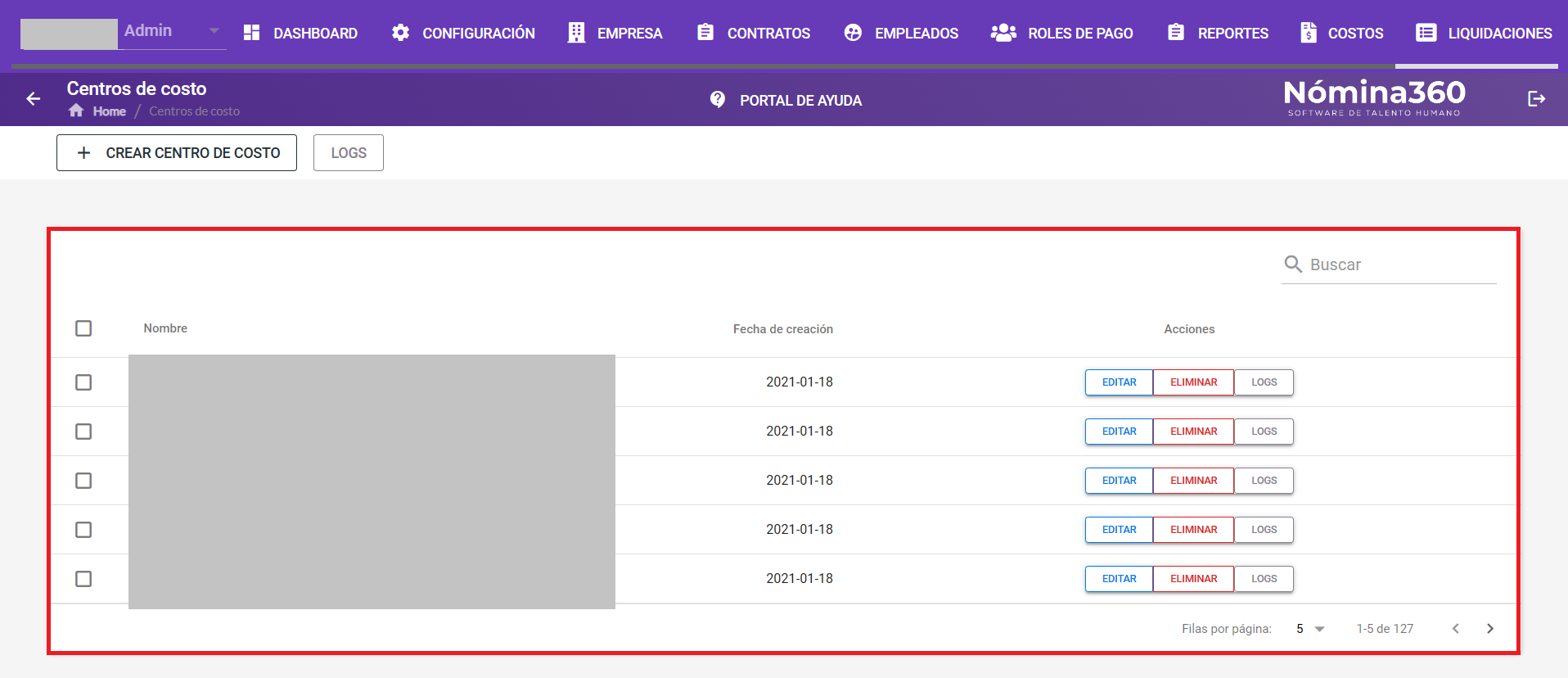 Listado de centros de costo con la fila del centro a editar