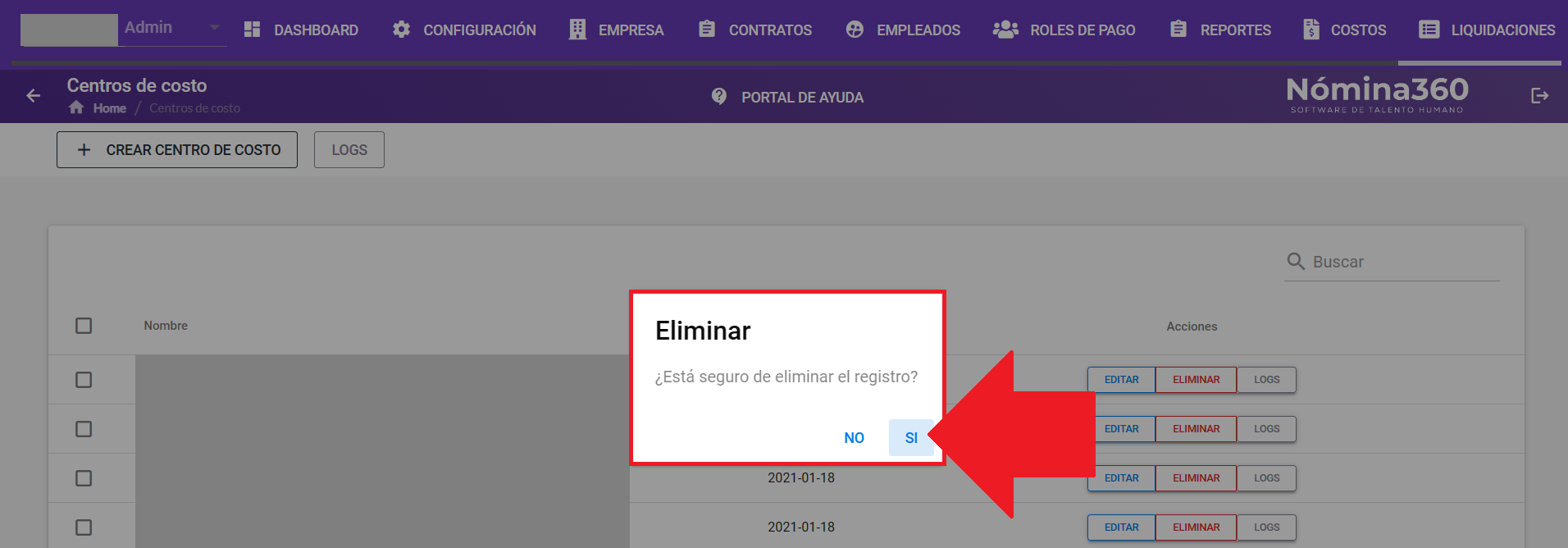 Cuadro de confirmación con las opciones SI y NO para eliminar el centro de costo