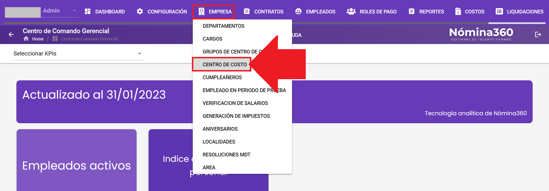 Menú Empresa con la opción Centro de Costo seleccionada