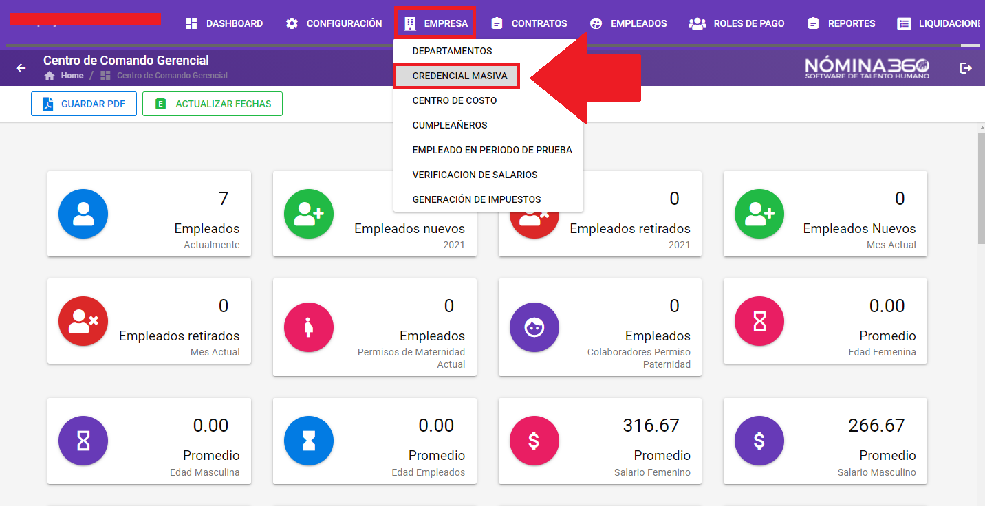 Menú Empresa con la opción Credencial Masiva seleccionada