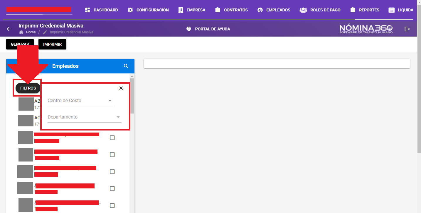 Filtros de centro de costo y departamento sobre el listado de empleados