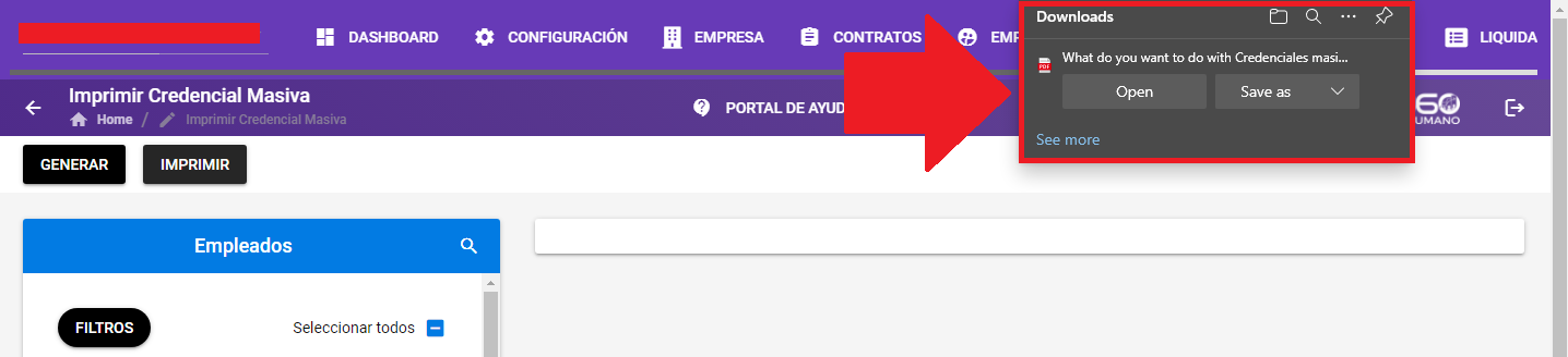 Cuadro de diálogo del navegador para guardar el archivo de credenciales