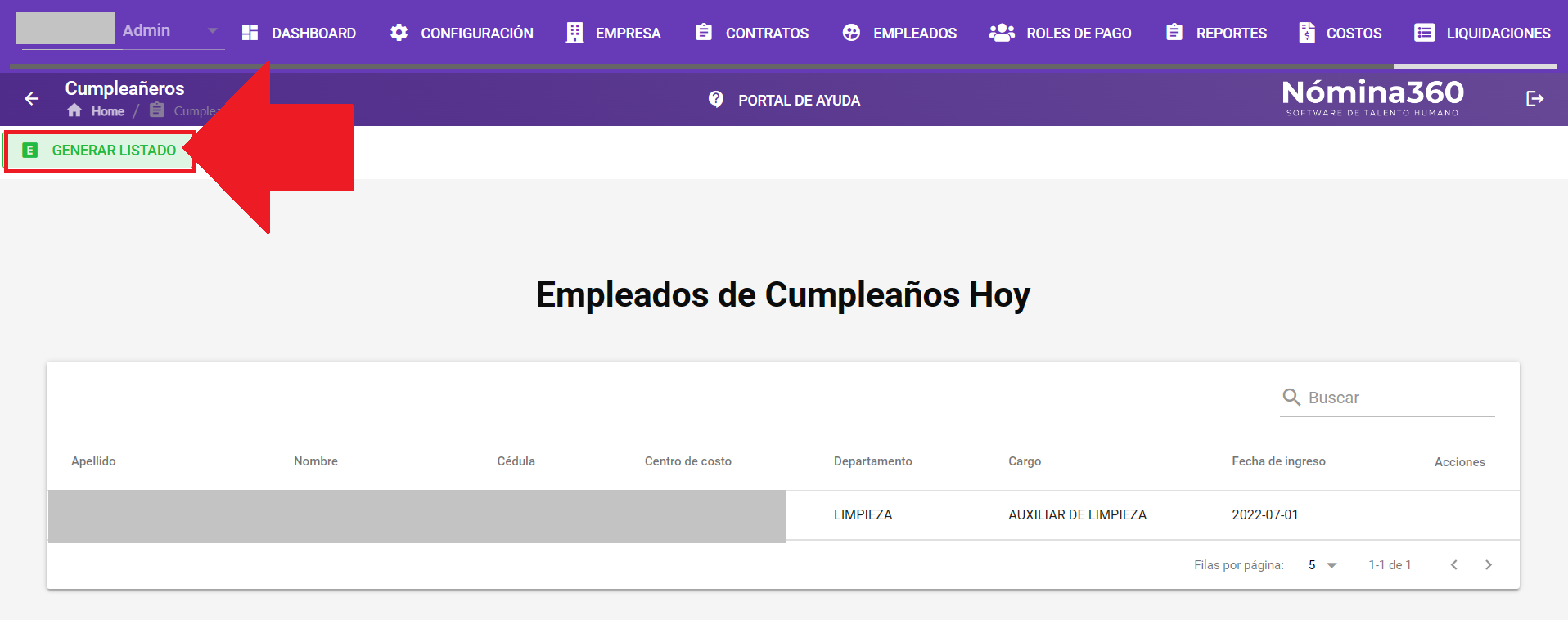 Botón Generar Listado en la pantalla de cumpleañeros
