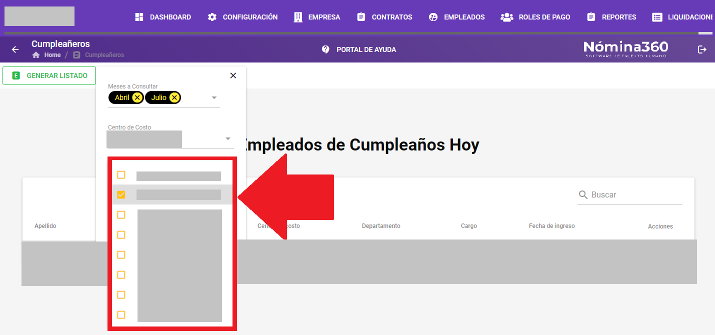 Campo de selección de departamento en el formulario