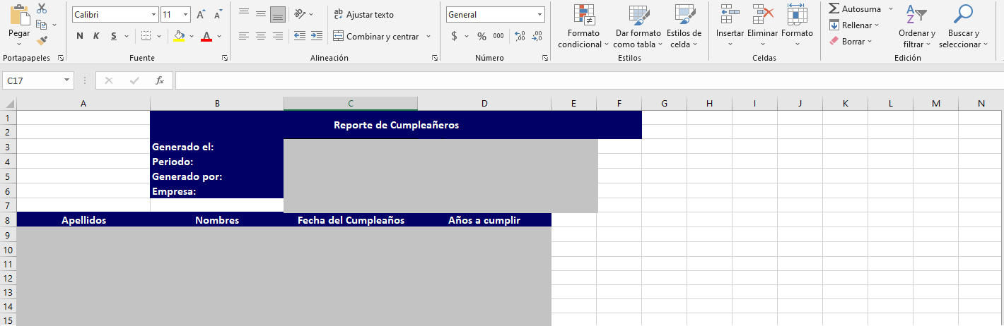 Listado de empleados cumpleañeros generado en Excel