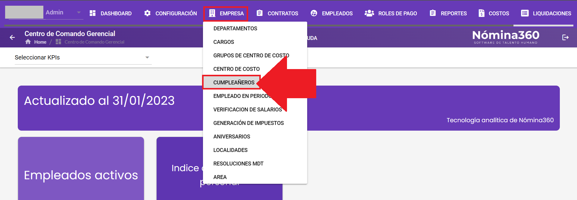 Menú Empresa con la opción Cumpleañeros seleccionada