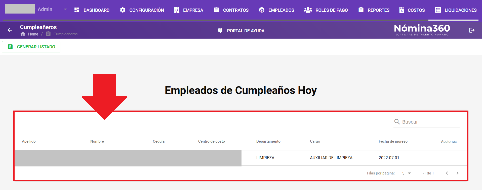 Listado de cumpleañeros del día con los empleados que cumplen años hoy
