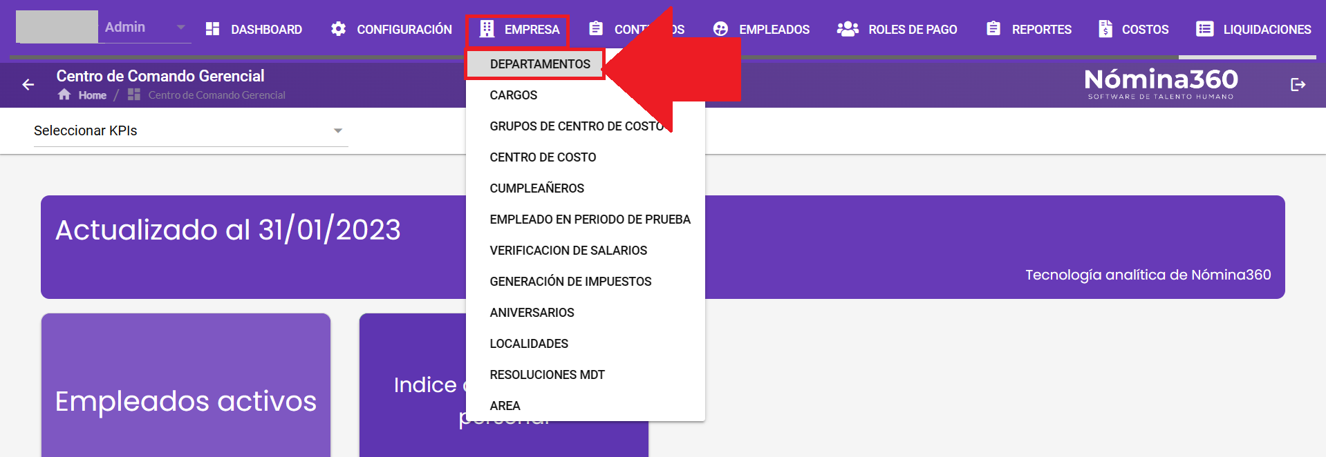 Menú Empresa con la opción Departamentos seleccionada