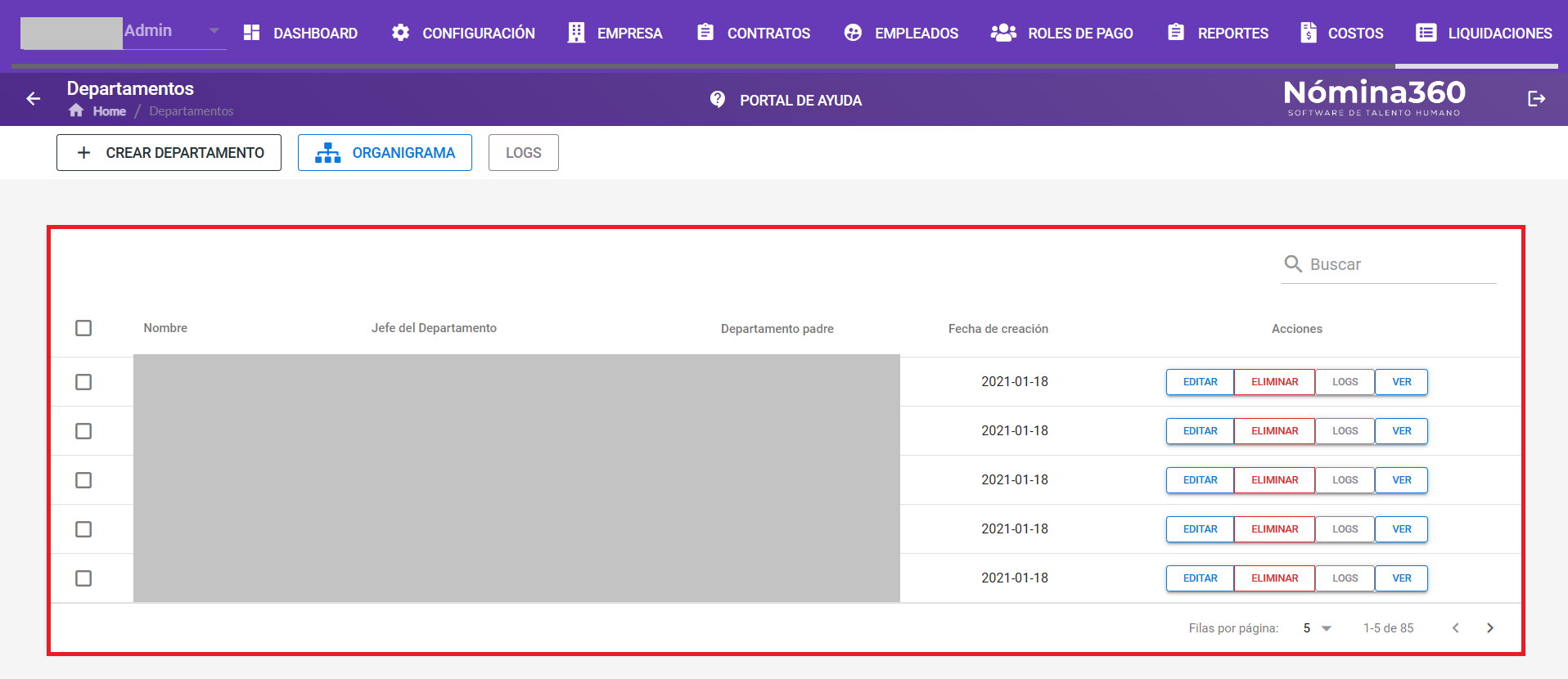 Listado de departamentos con la fila del departamento a configurar