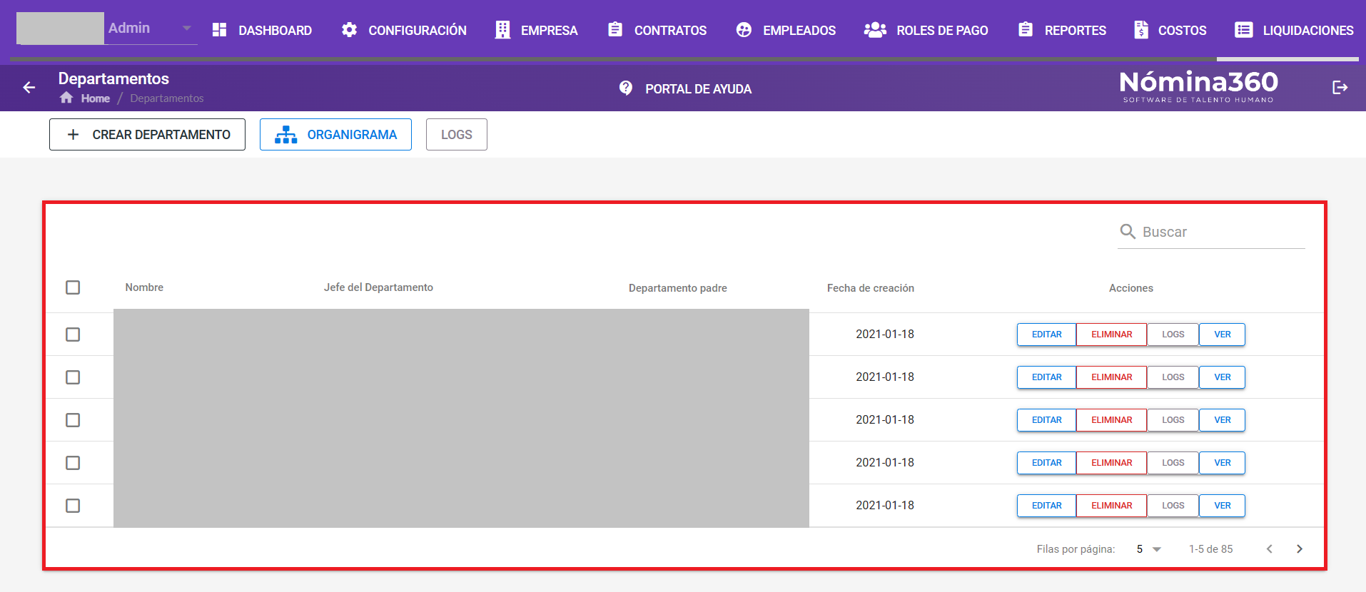 Listado de departamentos con la fila del departamento a modificar