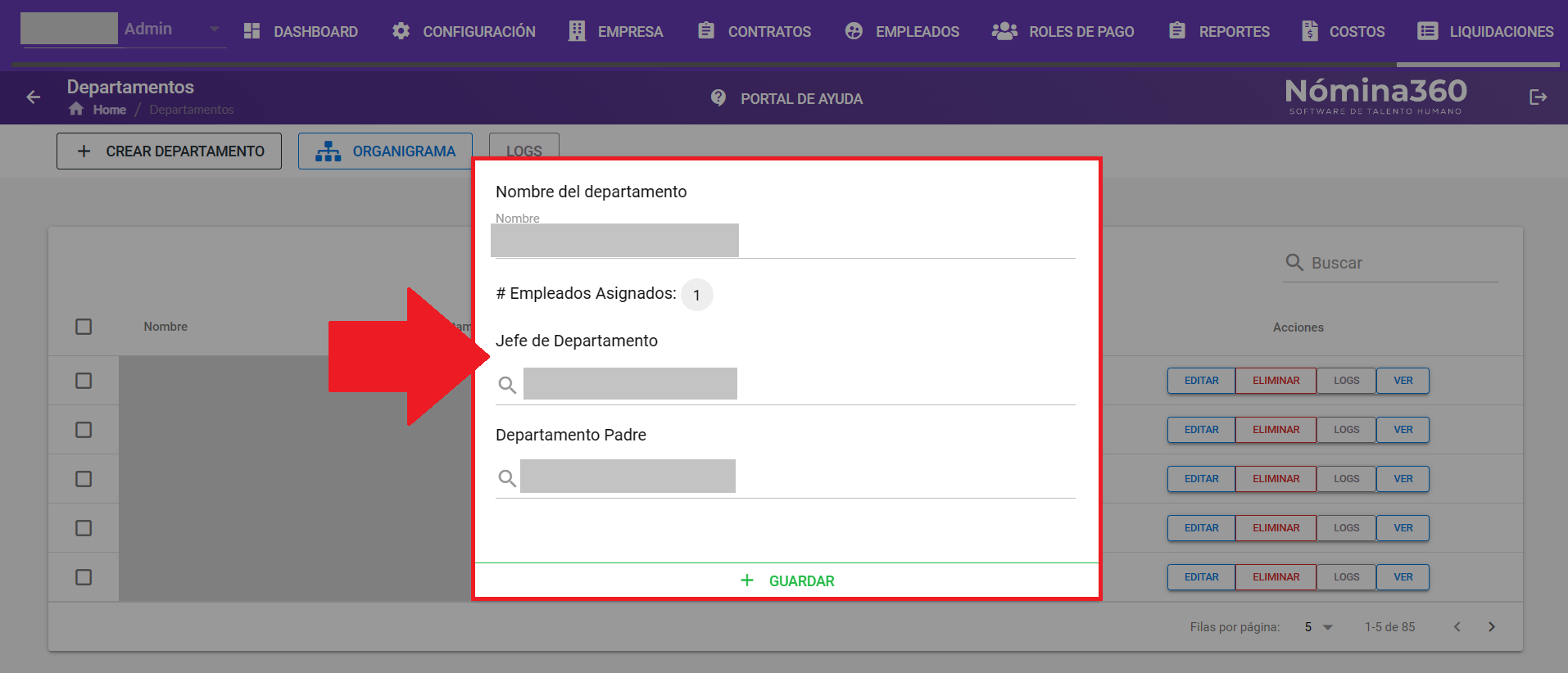 Formulario de edición del departamento con los campos disponibles