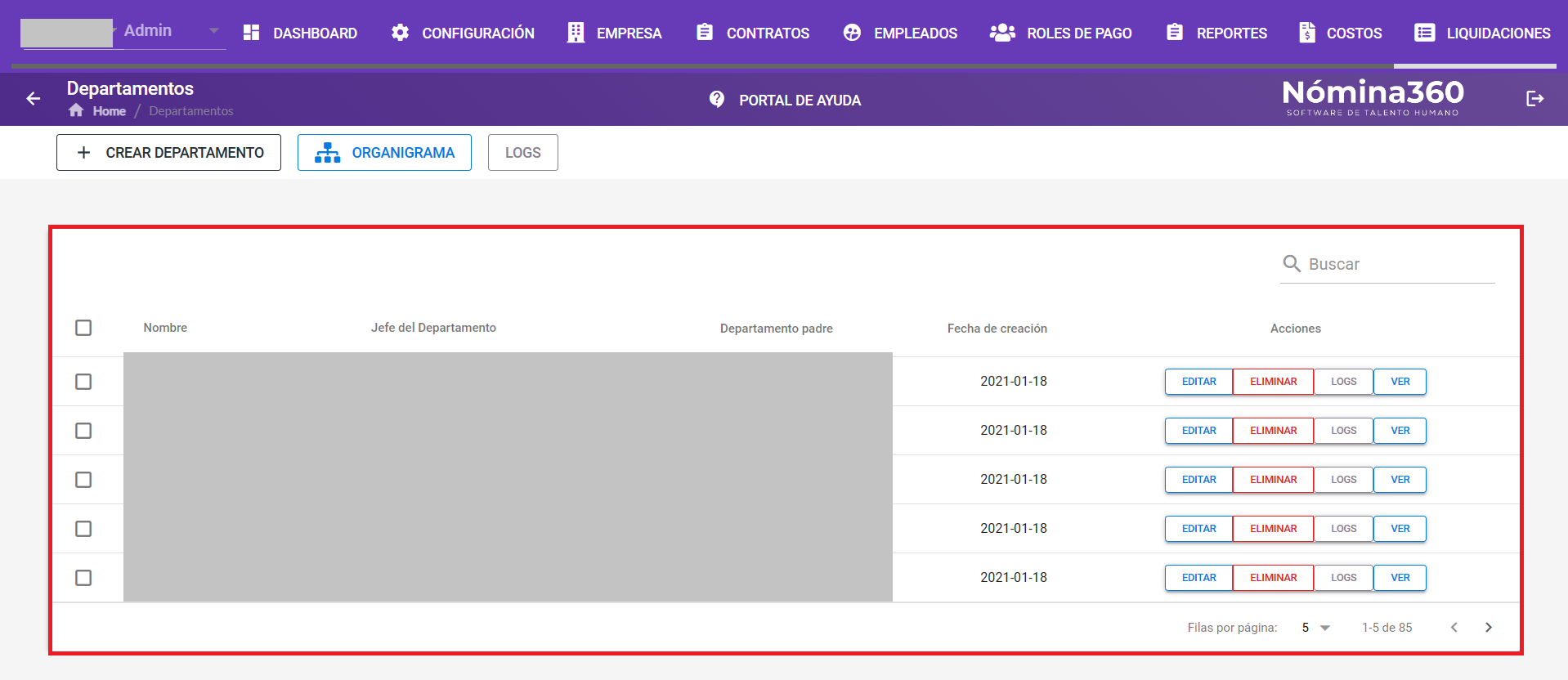 Listado de departamentos con la fila del departamento a eliminar