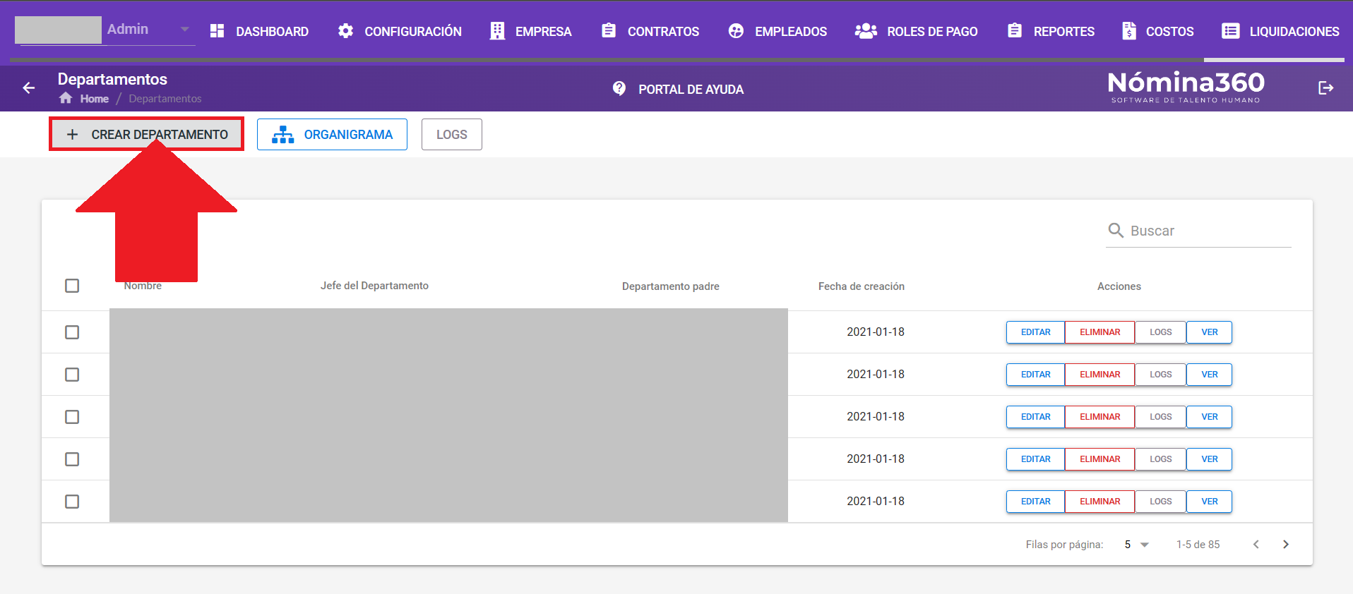 Botón Crear Departamento en la pantalla de departamentos